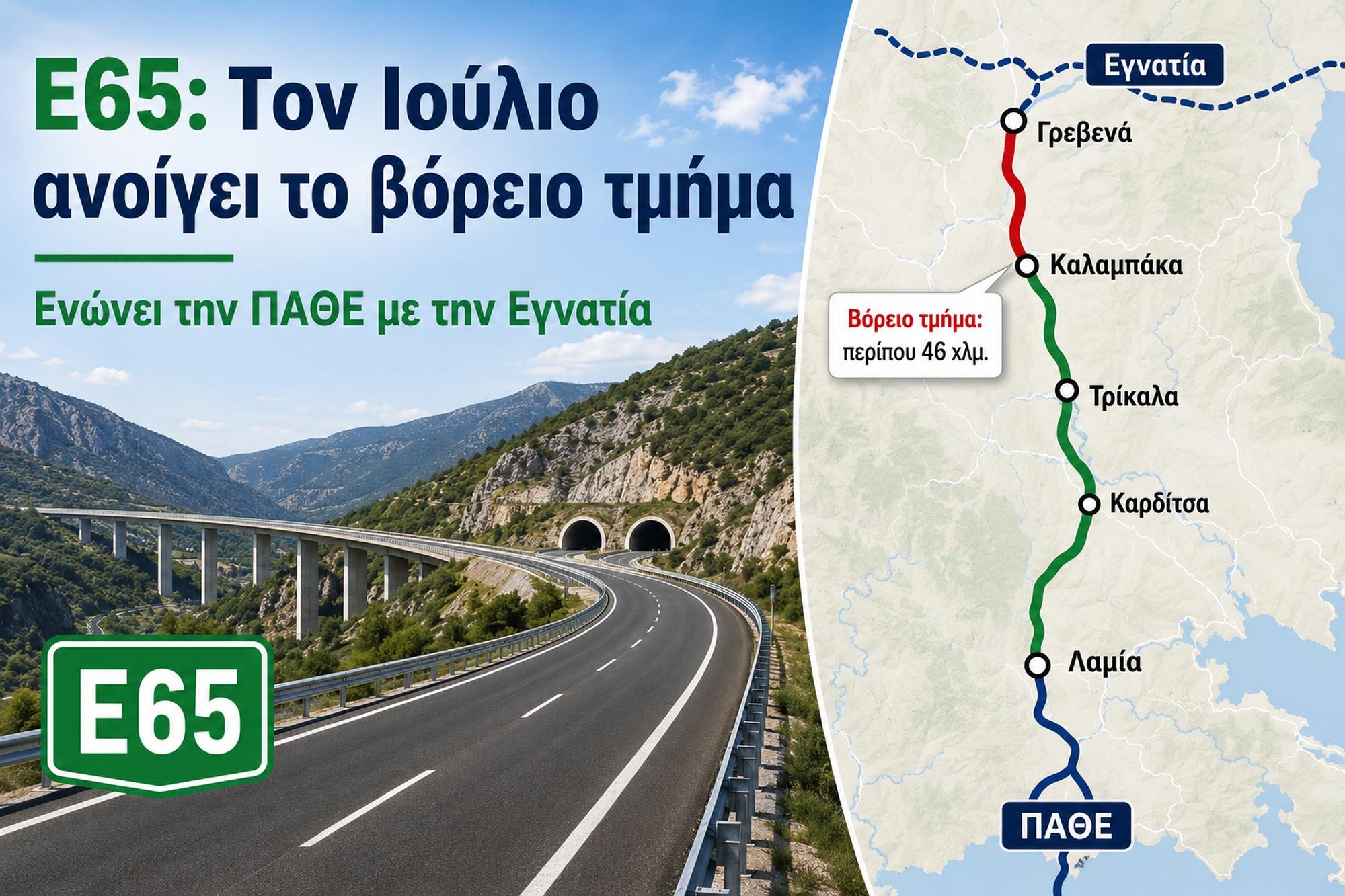 Ε65: Τον Ιούλιο ανοίγει το βόρειο τμήμα και ενώνει την ΠΑΘΕ με την Εγνατία 